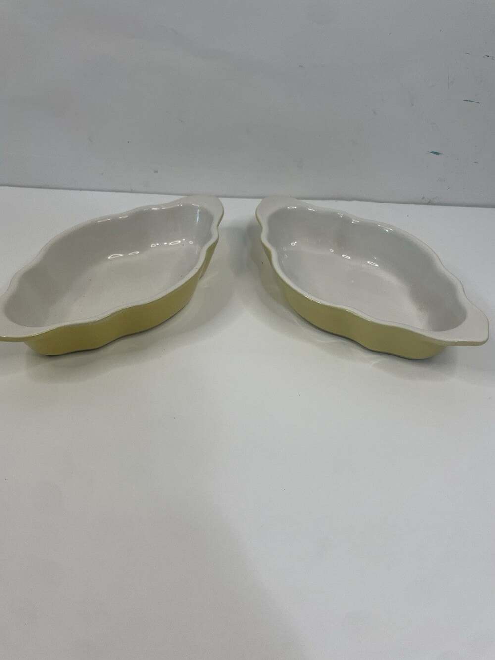VINTAGE EMILE HENRY FRANCE YELLOW RUFFLED OVAL BAKER DISH SET OF 2